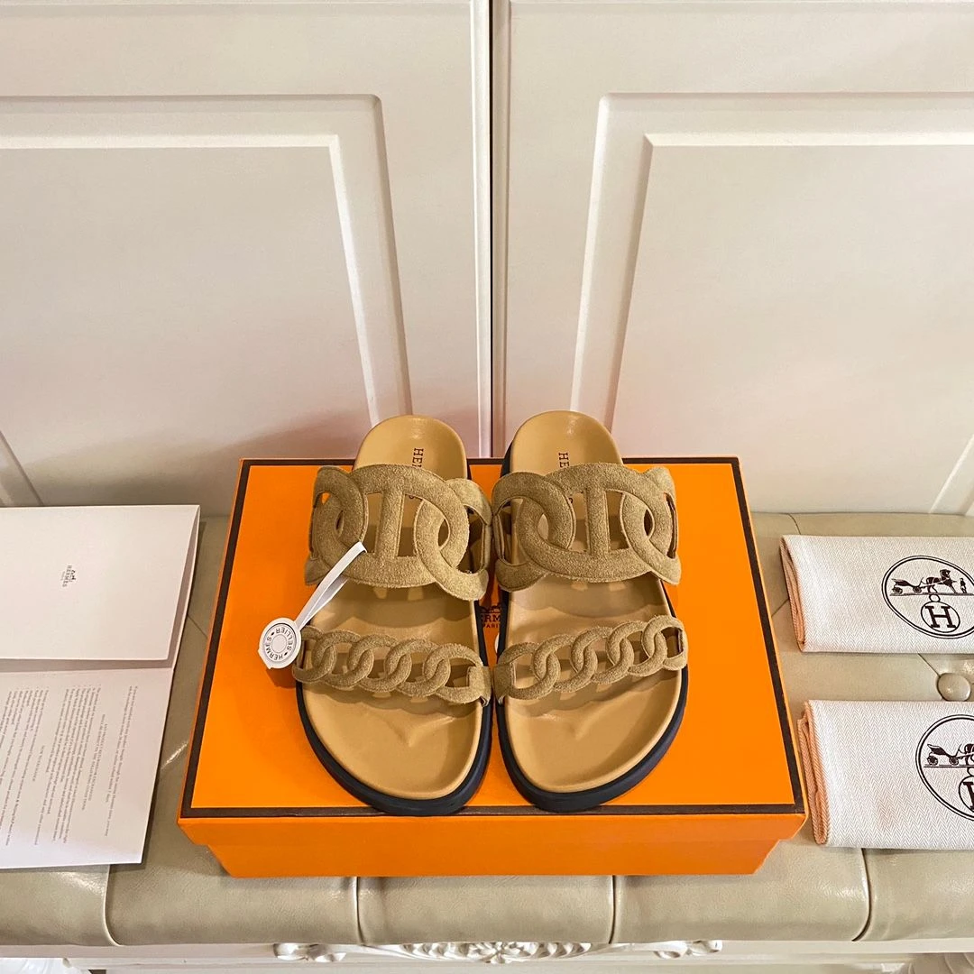 Hermes Hermès Chain Reaction Sandals (Suede Mustard)